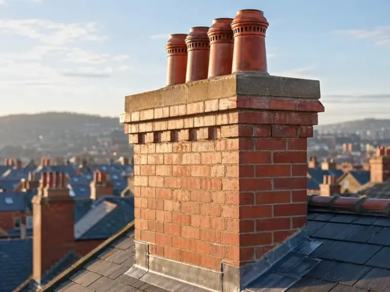 Repaired brick chimney with new pots on a Sheffield rooftop