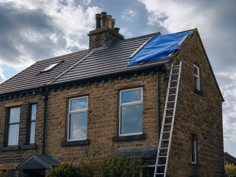 Emergency roof repair with tarpaulin in place on a Leeds home